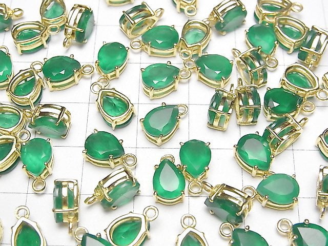 [Video] High Quality Green Onyx AAA Bezel Setting Pear shape Faceted 8x6mm 18KGP 2pcs