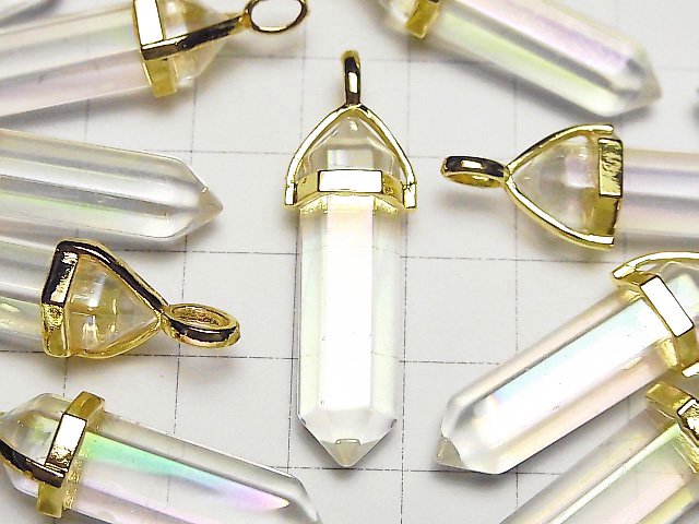 [Video]Crystal AA++ Double Point Pendant 32x8x8mm Gold Color AB Coating 3pcs