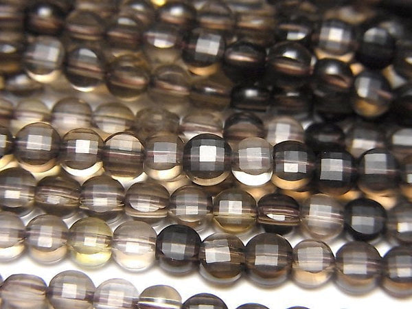 [Video]High Quality! Smoky Quartz AAA- Faceted Coin 4x4x2.5mm Color Gradation 1strand beads (aprx.15inch/36cm)