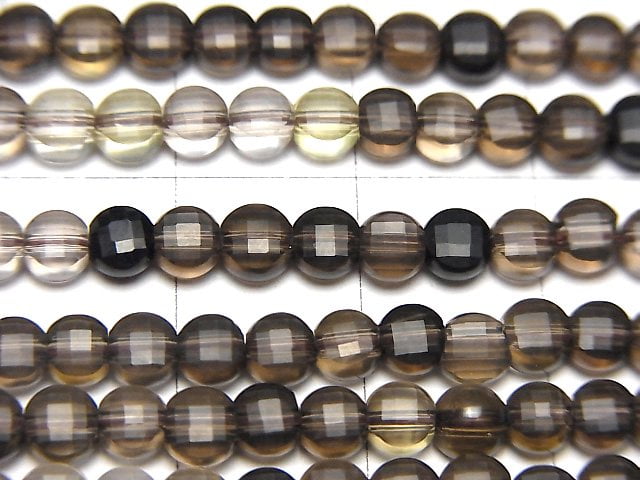 [Video] High Quality! Smoky Quartz AAA- Faceted Coin 4x4x3mm Color Gradation 1strand beads (aprx.15inch/36cm)