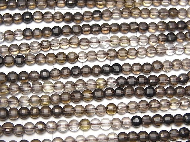 [Video]High Quality! Smoky Quartz AAA- Faceted Coin 4x4x2.5mm Color Gradation 1strand beads (aprx.15inch/36cm)
