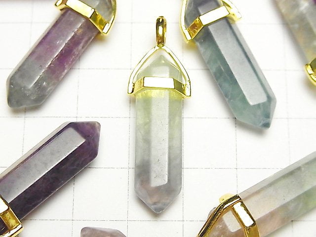 [Video] Multicolor Fluorite AA+ Double Point Pendant 32x8x8mm Gold Color 3pcs