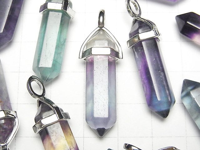 [Video] Multi color Fluorite AA+ Double Point Pendant 32x8x8mm Silver color 3pcs