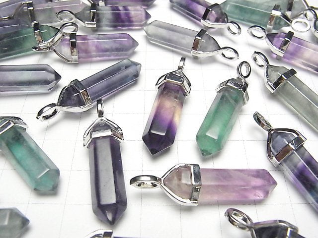 [Video] Multi color Fluorite AA+ Double Point Pendant 32x8x8mm Silver color 3pcs