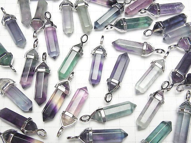 [Video] Multi color Fluorite AA+ Double Point Pendant 32x8x8mm Silver color 3pcs