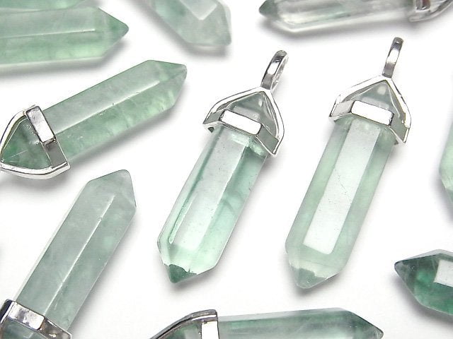 [Video] Green Fluorite AA+ Double Point Pendant 32x8x8mm Silver color 3pcs