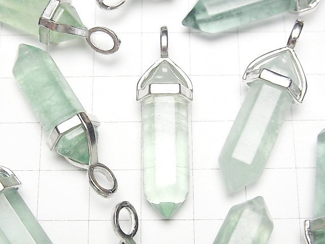 [Video] Green Fluorite AA+ Double Point Pendant 32x8x8mm Silver color 3pcs