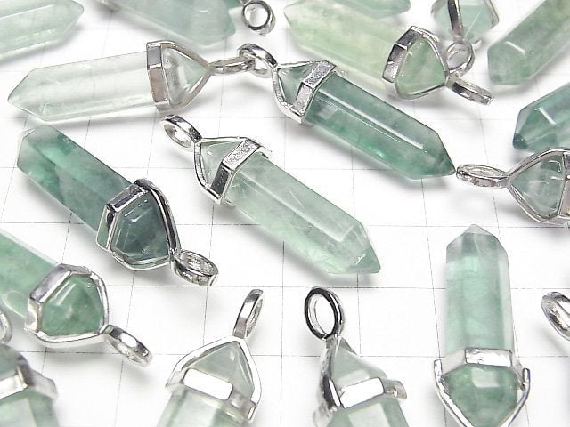 [Video] Green Fluorite AA+ Double Point Pendant 32x8x8mm Silver color 3pcs