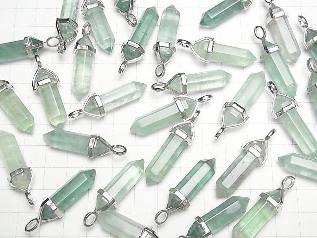 [Video] Green Fluorite AA+ Double Point Pendant 32x8x8mm Silver color 3pcs