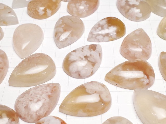 [Video] Madagascar Cherry Blossom Agate Pear shape Cabochon size mix 1pc