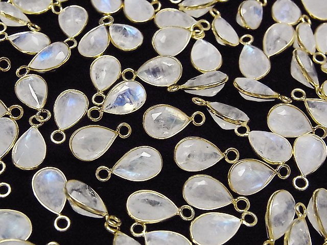 [Video]High Quality Rainbow Moonstone AA++ Bezel Setting Pear shape Faceted 10x7mm 18KGP 3pcs