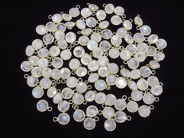 [Video]High Quality Rainbow Moonstone AA++ Bezel Setting Round Faceted 8x8mm 18KGP 3pcs