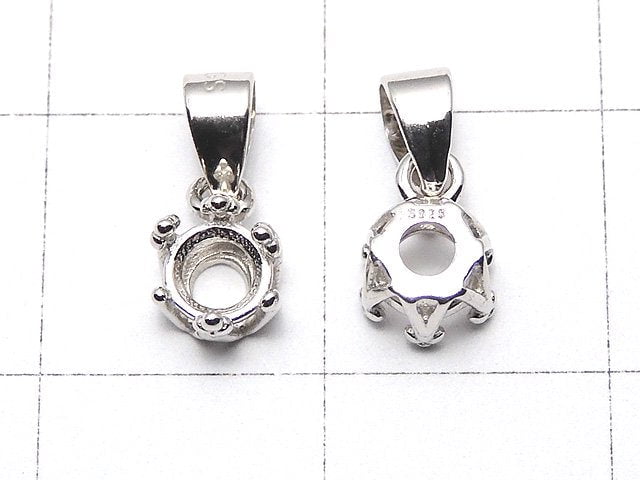 [Video]Silver925 Crown Pendant Frame Round Faceted 4mm Rhodium Plated 1pc