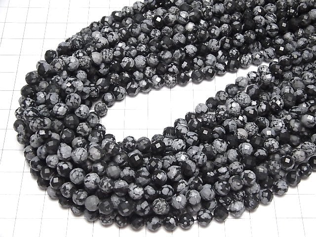 [Video]High Quality! Snowflake Obsidian 64Faceted Round 6mm 1strand beads (aprx.15inch/36cm)