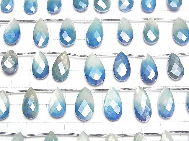 [Video] Bi-color Moonstone AA++ Pear shape Faceted Briolette Coating [White x Blue] 1strand beads (aprx.6inch/16cm)