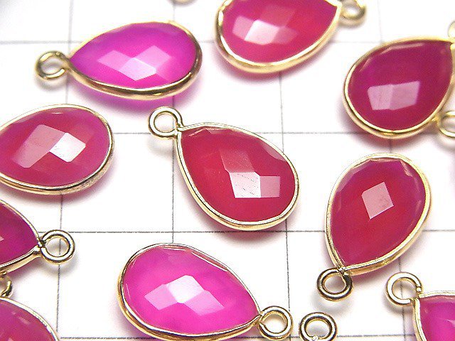 [Video]High Quality Fuchsia Pink Chalcedony AAA Bezel Setting Faceted Pear Shape 13x9mm 18KGP 2pcs