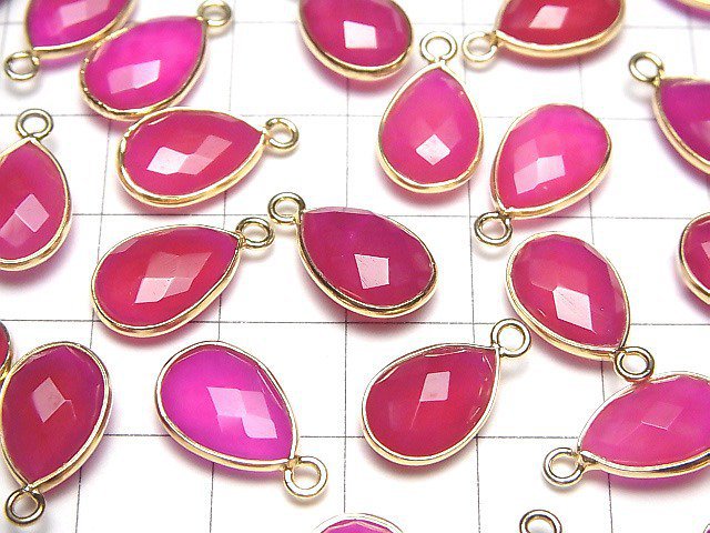 [Video]High Quality Fuchsia Pink Chalcedony AAA Bezel Setting Faceted Pear Shape 13x9mm 18KGP 2pcs