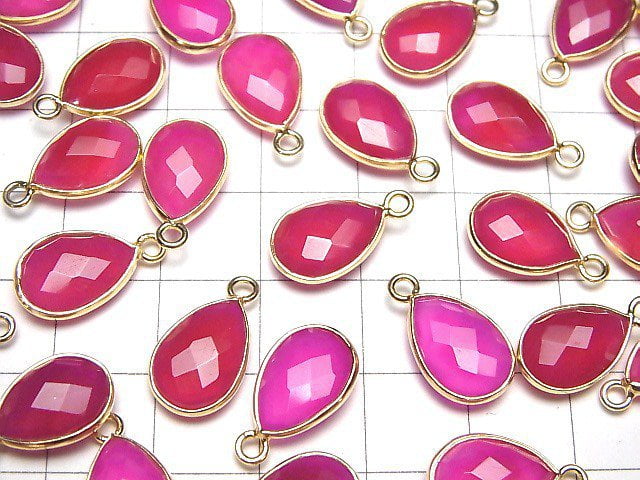 [Video]High Quality Fuchsia Pink Chalcedony AAA Bezel Setting Faceted Pear Shape 13x9mm 18KGP 2pcs