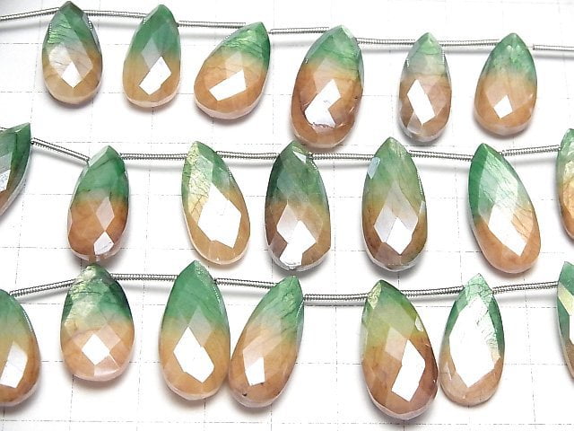 [Video]Bi-color Moonstone AA++ Pear shape Faceted Briolette Coating [Green x Orange] 1strand beads (aprx.6inch/16cm)