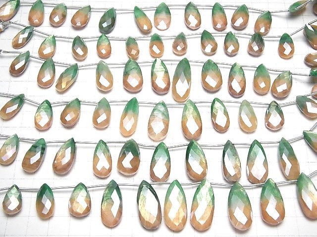 [Video]Bi-color Moonstone AA++ Pear shape Faceted Briolette Coating [Green x Orange] 1strand beads (aprx.6inch/16cm)