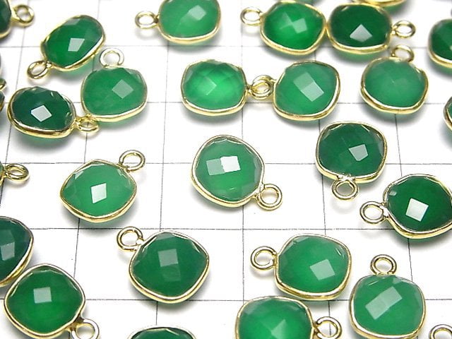 [Video]High Quality Green Onyx AAA Bezel Setting Square Cushion Cut 9x9mm 18KGP 3pcs