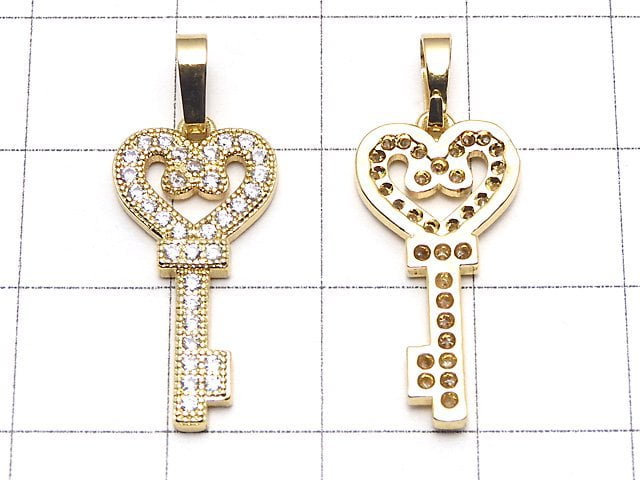 Heart & Key Motif Pendant Metal Parts with CZ 23x11mm 18KGP 1pc