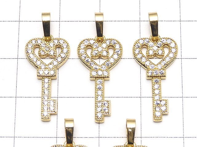 Heart & Key Motif Pendant Metal Parts with CZ 23x11mm 18KGP 1pc