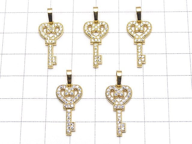 Heart & Key Motif Pendant Metal Parts with CZ 23x11mm 18KGP 1pc