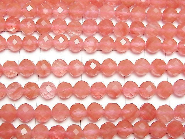 [Video]High Quality! Cherry Quartz Glass 64Faceted Round 8mm 1strand beads (aprx.15inch/36cm)