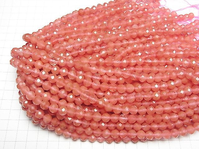 [Video]High Quality! Cherry Quartz Glass 64Faceted Round 8mm 1strand beads (aprx.15inch/36cm)