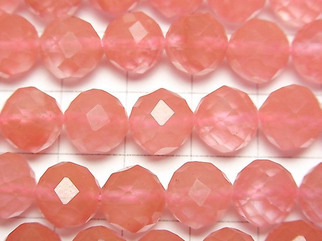 [Video]High Quality! Cherry Quartz Glass 64Faceted Round 10mm 1strand (Approx 37m)