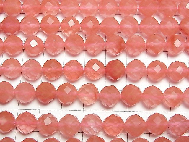 [Video]High Quality! Cherry Quartz Glass 64Faceted Round 10mm 1strand (Approx 37m)