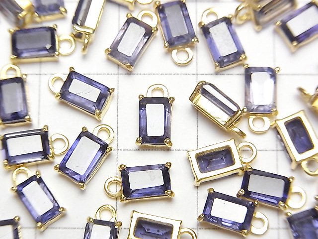 [Video]High Quality Iolite AAA Bezel Setting Rectangle Faceted 6x4mm 18KGP 1pc