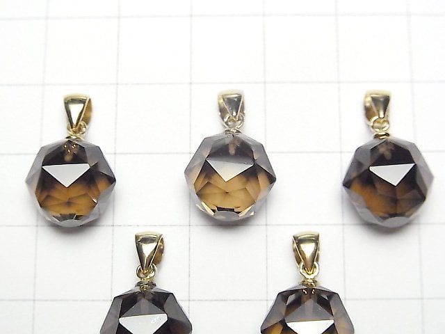 [Video]High Quality! Smoky Quartz AAA Star Faceted Round 12mm Pendant 14KGP 1pc