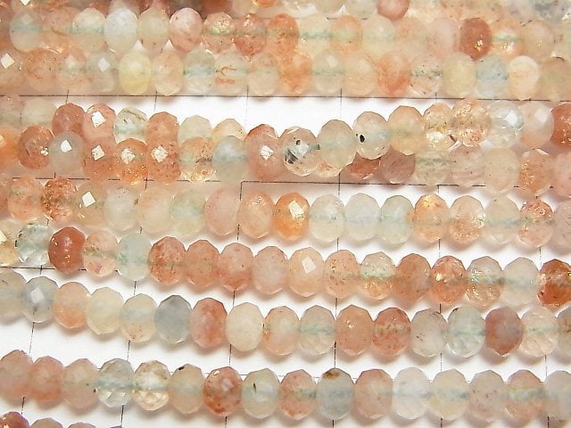 [Video]High Quality! Sunstone x Green Feldspar AA Faceted Button Roundel 5x5x3mm 1strand beads (aprx.15inch/37cm)