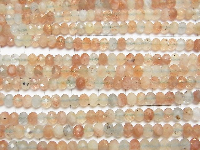 [Video]High Quality! Sunstone x Green Feldspar AA Faceted Button Roundel 5x5x3mm 1strand beads (aprx.15inch/37cm)