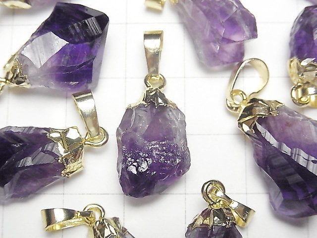 [Video]Amethyst Point Rough Rock Nugget Pendant Gold Color 2pcs