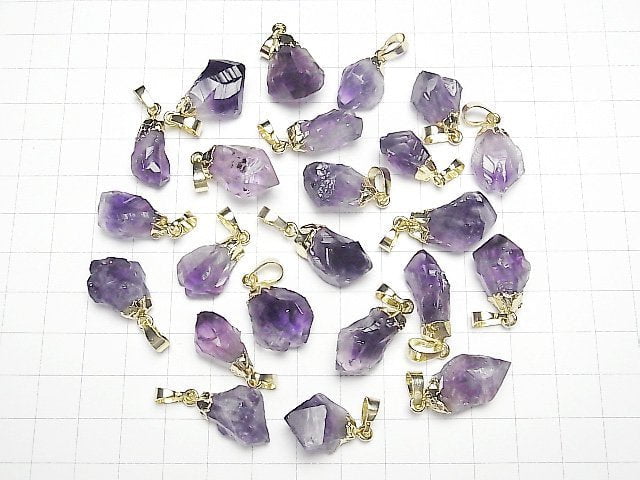 [Video]Amethyst Point Rough Rock Nugget Pendant Gold Color 2pcs