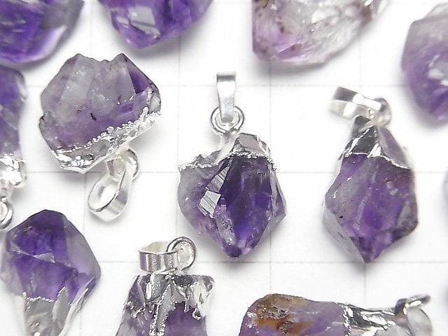 [Video]Amethyst Point Rough Rock Nugget Pendant Silver Color 2pcs