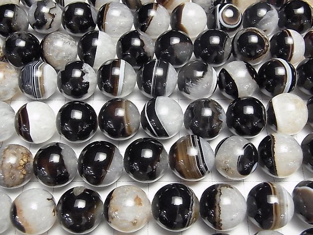 [Video] Black Agate x Quartz Round 14mm half or 1strand beads (aprx.15inch/37cm)