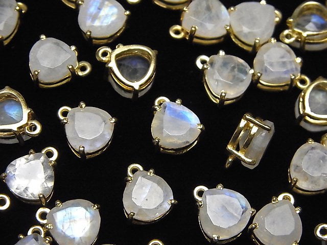 [Video]High Quality Rainbow Moonstone AA++ Bezel Setting Chestnut Faceted 8x8mm 18KGP 2pcs