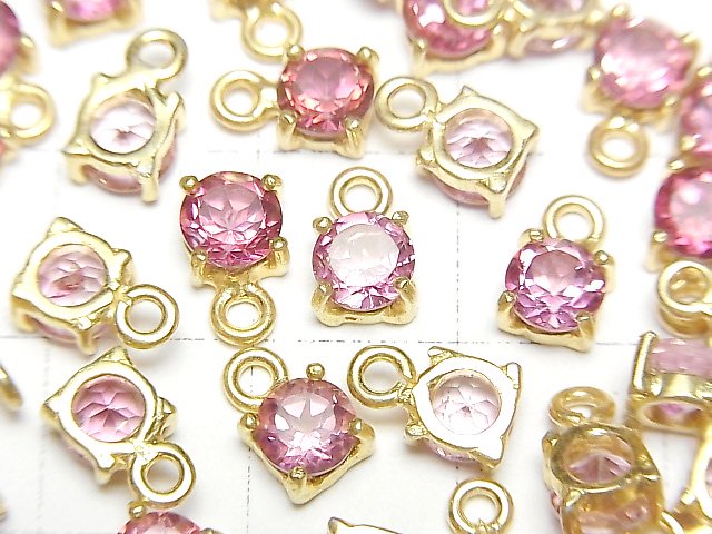 [Video]High Quality Pink Topaz AAA Bezel Setting Round Faceted 5x5mm 18KGP 1pc