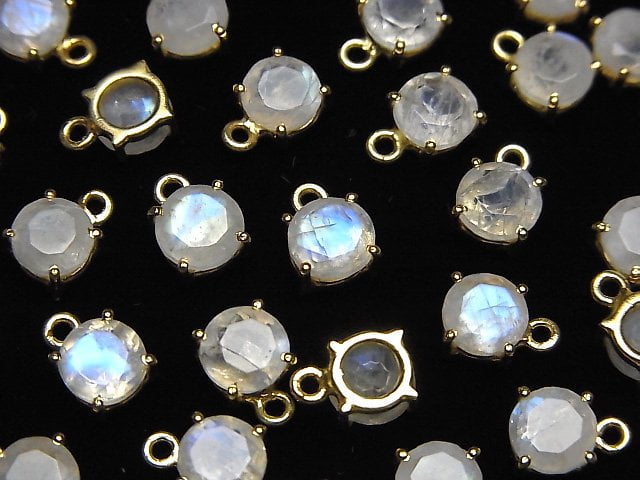 [Video]High Quality Rainbow Moonstone AA++ Bezel Setting Round Faceted 6x6mm 18KGP 2pcs