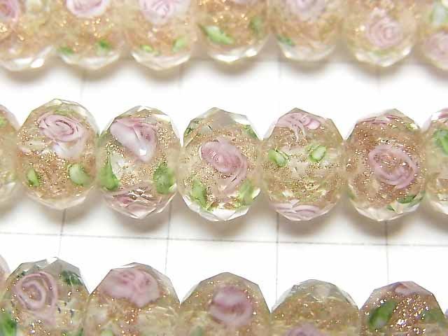 Lampwork Beads Faceted Button Roundel 10x10x7mm Rose Pattern [Clear Pink] half or 1strand beads (aprx.15inch/36cm)