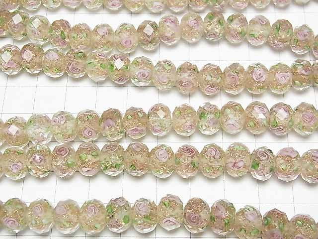 Lampwork Beads Faceted Button Roundel 10x10x7mm Rose Pattern [Clear Pink] half or 1strand beads (aprx.15inch/36cm)