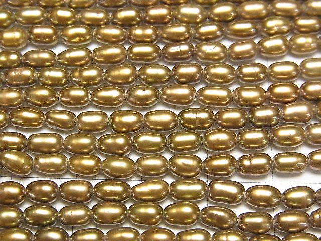 [Video]Fresh Water Pearl AA+ Rice-Baroque 5x3x3mm Bronze Gold 1strand beads (aprx.14inch/34cm)
