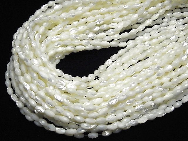 Mother of Pearl MOP White Faceted Rice 7.5x4.5x4.5mm 1strand beads (aprx.15inch/36cm)