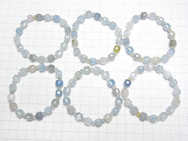[Video]Multicolor Aquamarine AAA Cube Shape 8mm&Faceted Button Rondelle 5x5x3mm Bracelet
