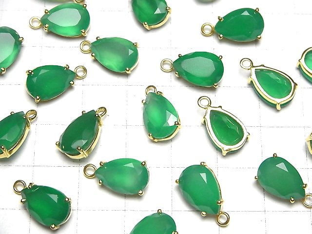 [Video]High Quality Green Onyx AAA Bezel Setting Pear shape Faceted 12x8mm 18KGP 2pcs