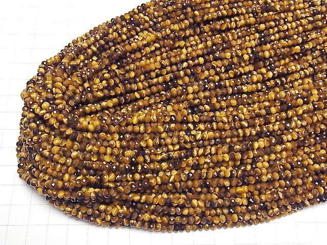 [Video]High Quality! Yellow Tiger's Eye AAA- Faceted Button Roundel 4x4x3mm 1strand beads (aprx.15inch/38cm)